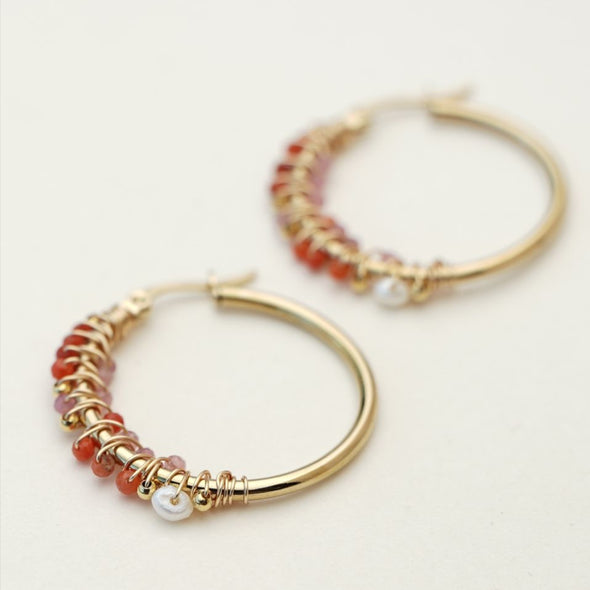 earrings hoops beaded red agate tourmaline pearl gold Muja Juma