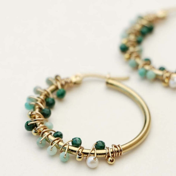 Muja Juma hoop earrings 30 mm green gem stone gold thread amazonite