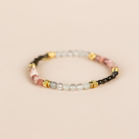 Bracelet Labradorite, Sunstone, Obsidian, Rhodonite, Smokey Quartz, Mother of Pearl