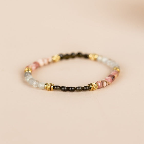 Bracelet Labradorite, Sunstone, Obsidian, Rhodonite, Smokey Quartz, Mother of Pearl