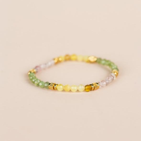 Bracelet Prenite, Strawberry Quartz, Green Jade, Citrine, Yellow Opal, and Mother of Pearl