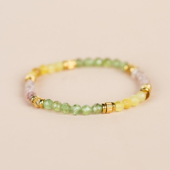 Bracelet Prenite, Strawberry Quartz, Green Jade, Citrine, Yellow Opal, and Mother of Pearl