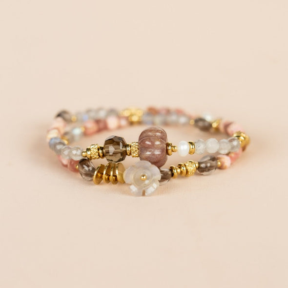 Elastic Wrap Bracelet Labradorite, Sunstone, Obsidian, Rhodonite, Smokey Quartz, and Pearl