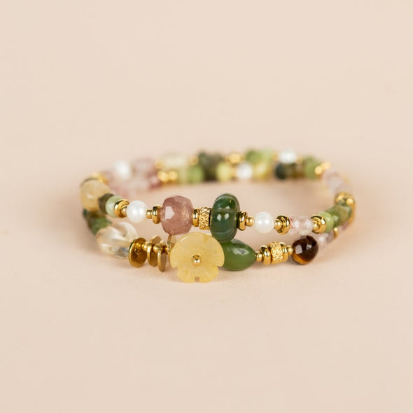 Elastic Wrap Bracelet Strawberry Quartz, Green Jade, Yellow Opal and Citrine