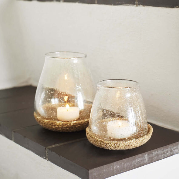 Madam Stoltz glass votive with jute tray