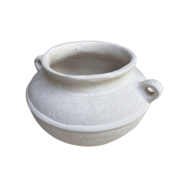 White paper mache pot with handles on a white background