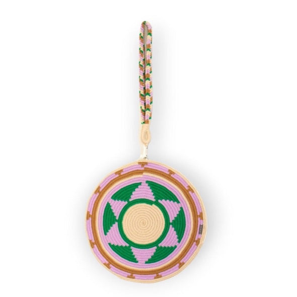 geometric round shoulder bag lilac Guajii design Wayuu Columbia