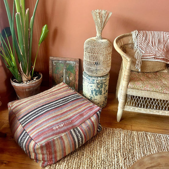 Vintage Kilim Pouf Bordeaux striped