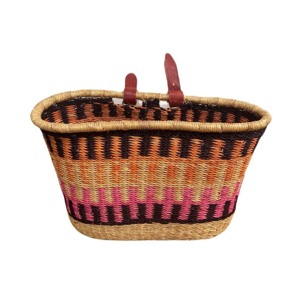 handwoven bike basket fairtrade orange pink black elephant grass