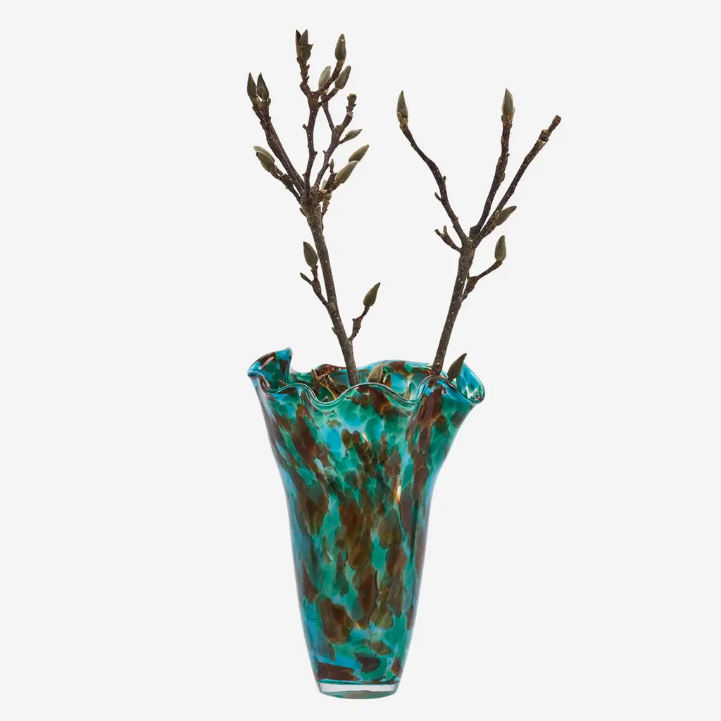 Blue green brown glass vase with ruffled edges Madam Stoltz