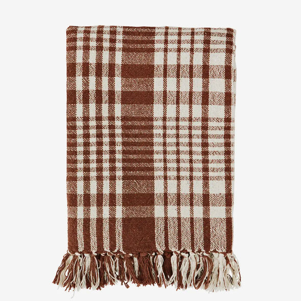 Brown and white plaid blanket with fringes recycled cotton