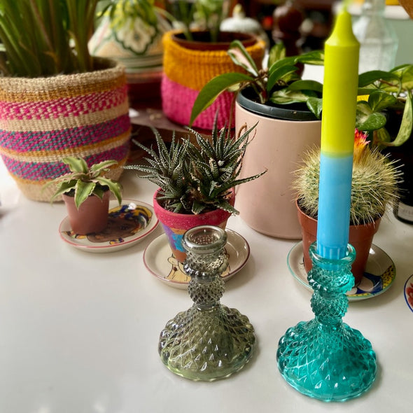 recycled glass candlesticks small harlequin colourful green turquoise blue