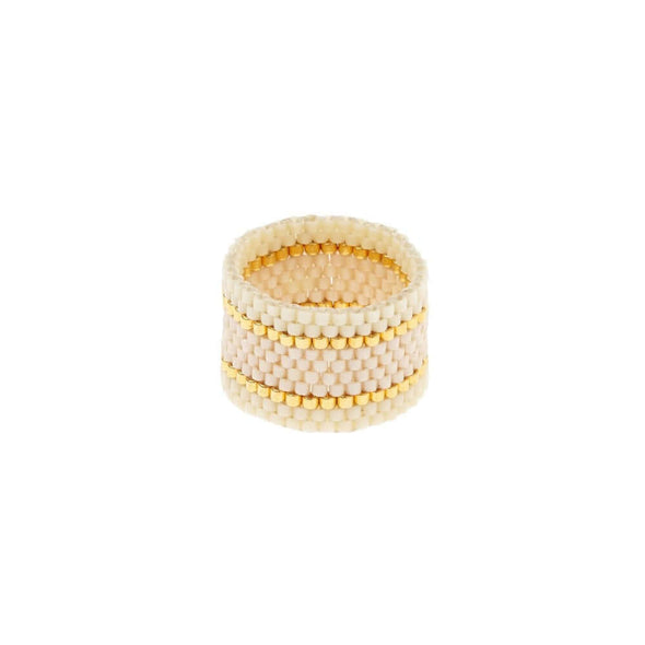 Sidai Designs wide woven ring beaded cream pearl gold geweven ring kralen creme goud