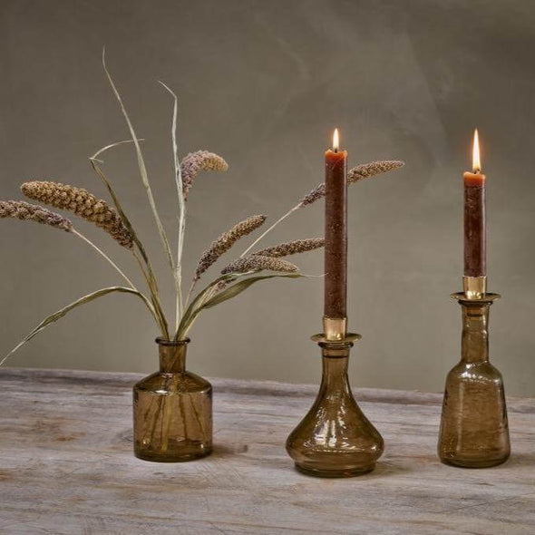 Nkuku Sirsa glass candlestick sepia bottle candle holder