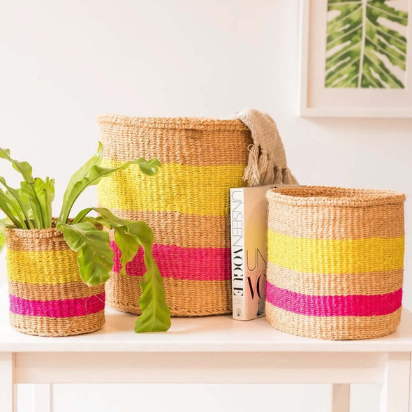 the Basket Room Fluoro pink yellow striped storage basket opbergmand roze geel fairtrade