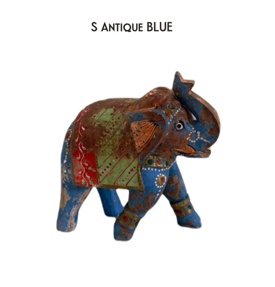 small antique wooden elephant statue blue colours hand painted India vintage elephants wood