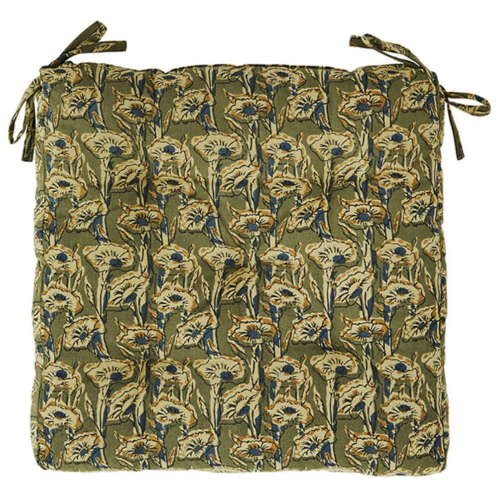 Madam Stoltz printed cotton chair pad olive ecru