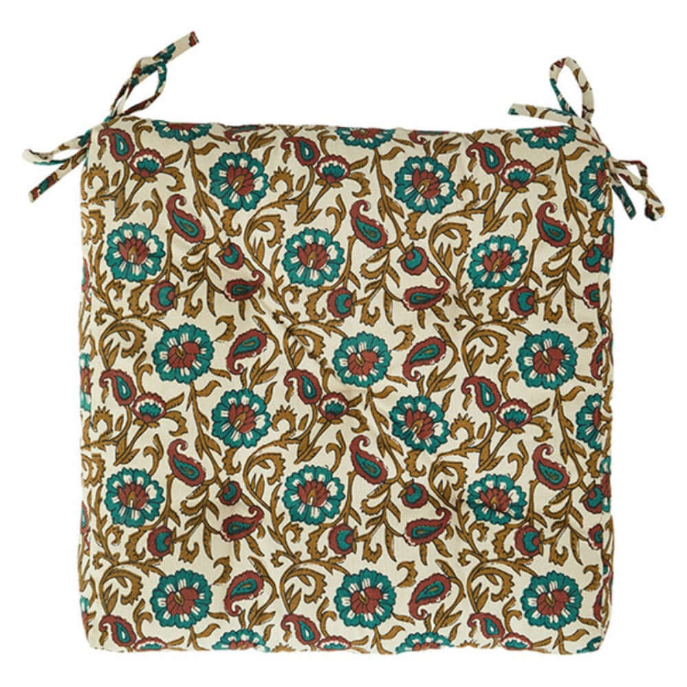 Printed Cotton Chair Pad Beige, green, paprika, mustard