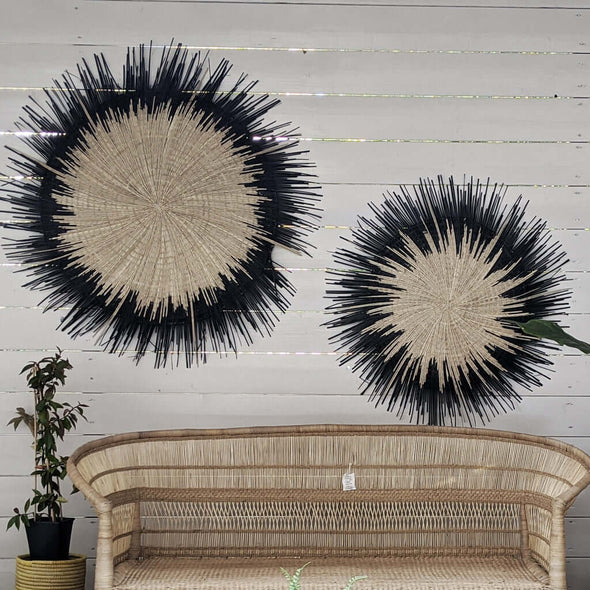 boho wall art bohemian muurdecor zon mand Afrika Malawi zwart black edge sun circle