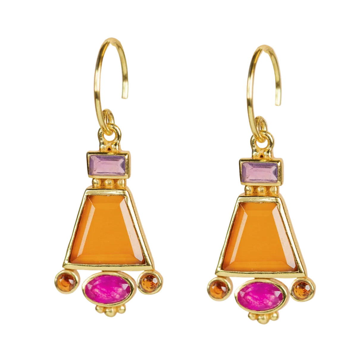 Gold earrings with colourful gemstones red agate