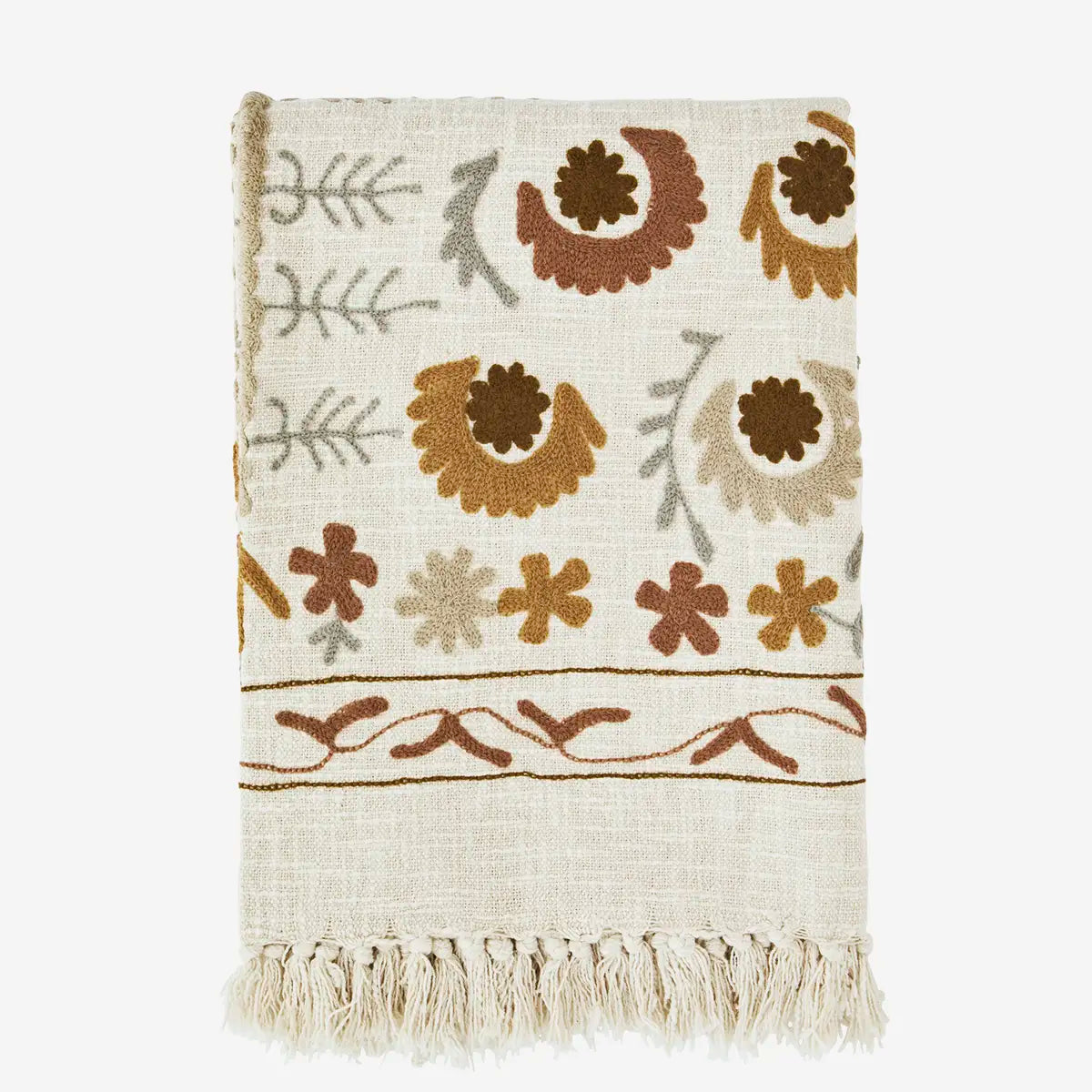 Suzani throw blanket off white brown embroidery
