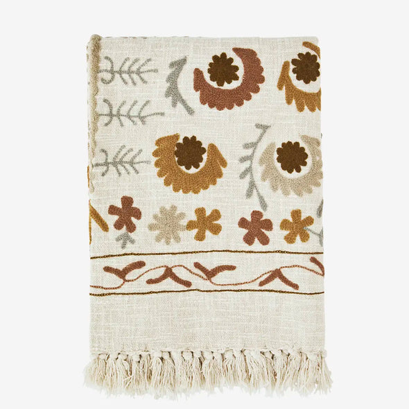 Suzani throw blanket off white brown embroidery