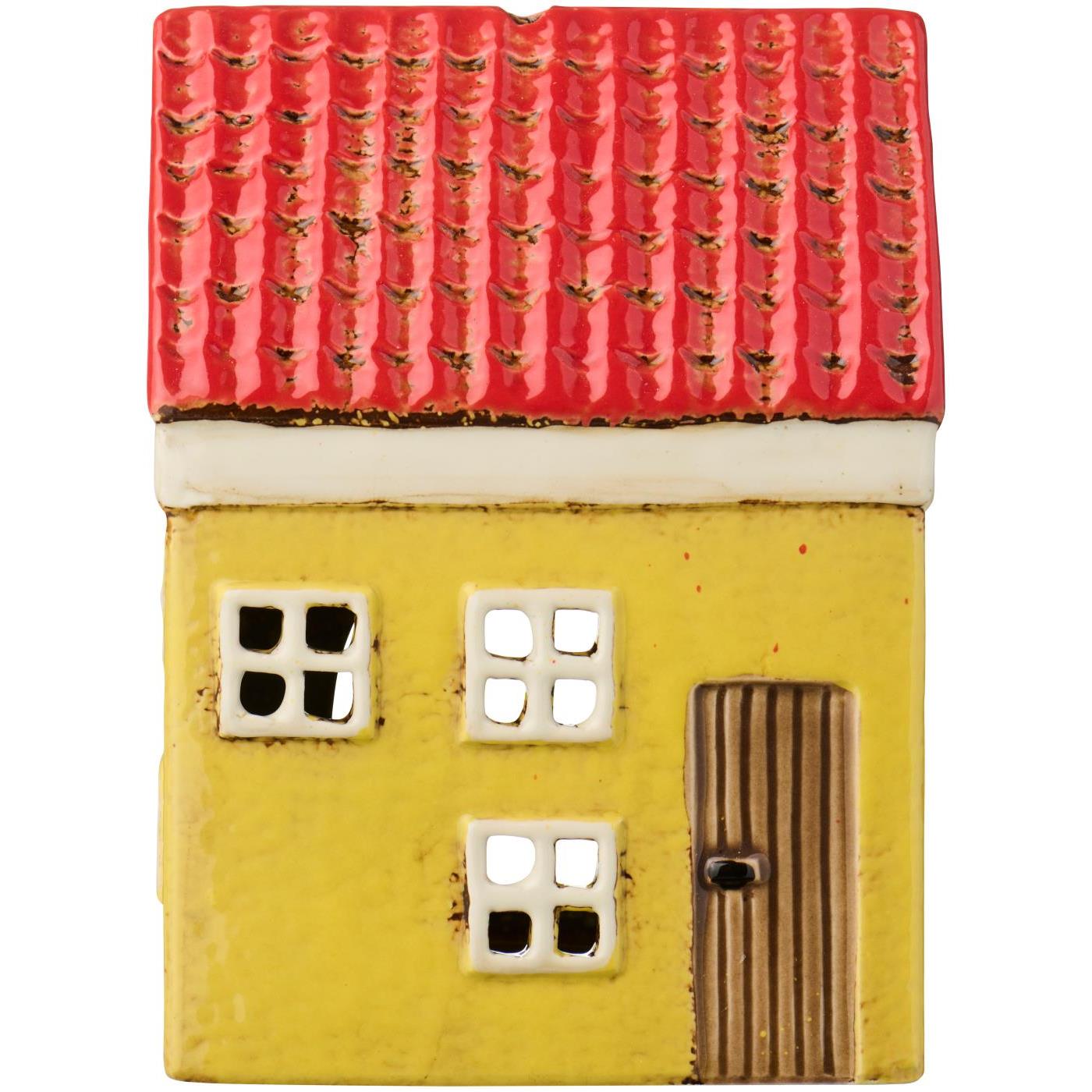 ceramic house for tea light with red roof and yellow body, brown door