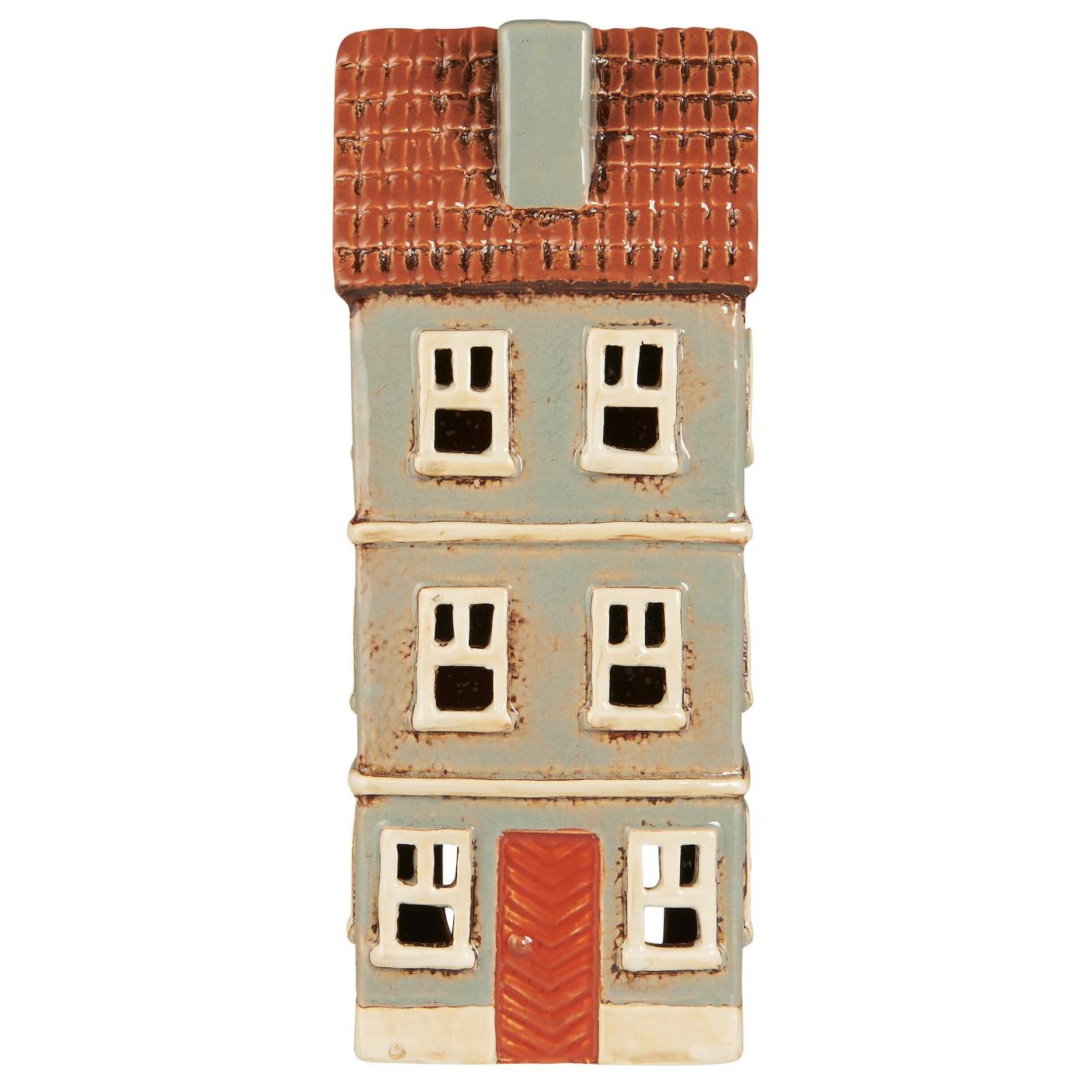 tall ceramic house with a red roof and grey body