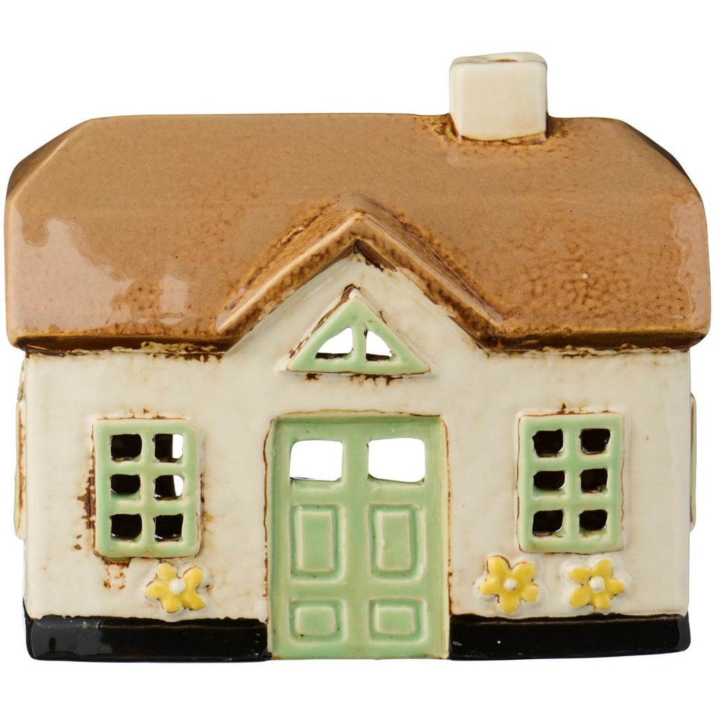 Small ceramic house with a brown roof, white walls, green door, and windows, Danish Ebeltoft design