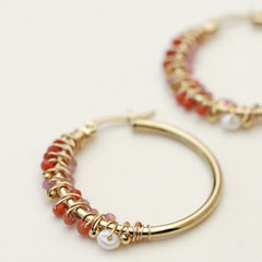 earrings hoops beaded red agate tourmaline pearl gold Muja Juma