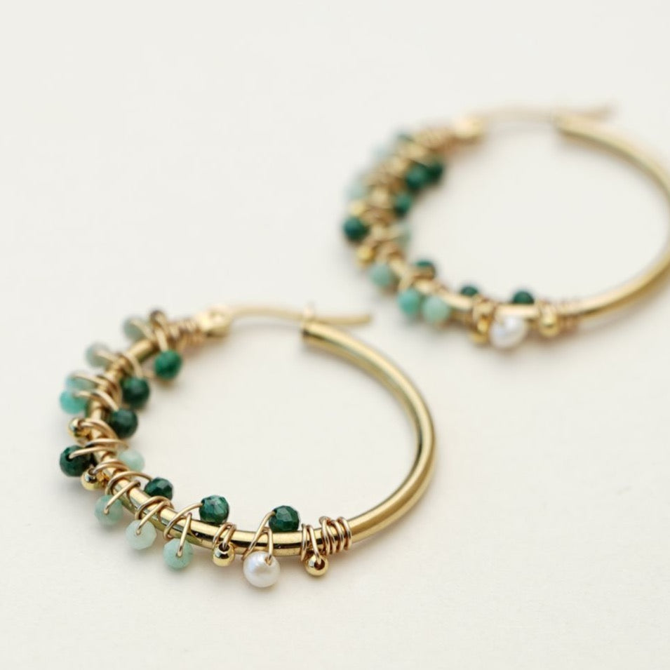 Muja Juma hoop earrings 30 mm green gem stone gold thread amazonite