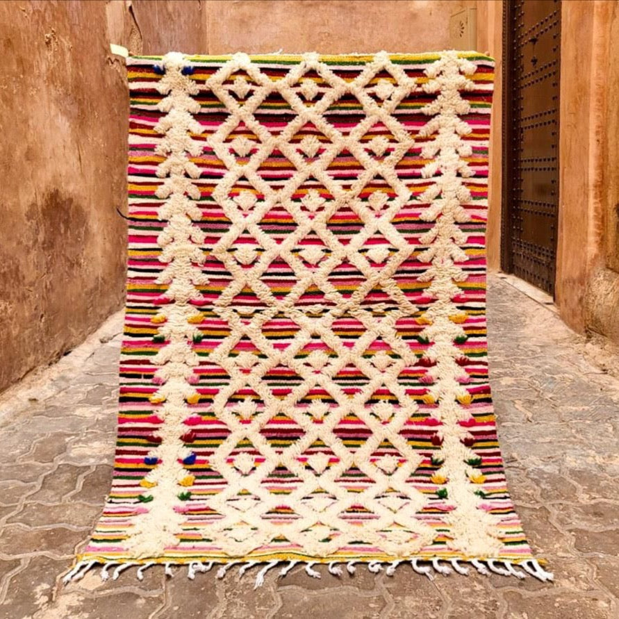 colourful Azilal rug Henkel technique wool carpet Morocco