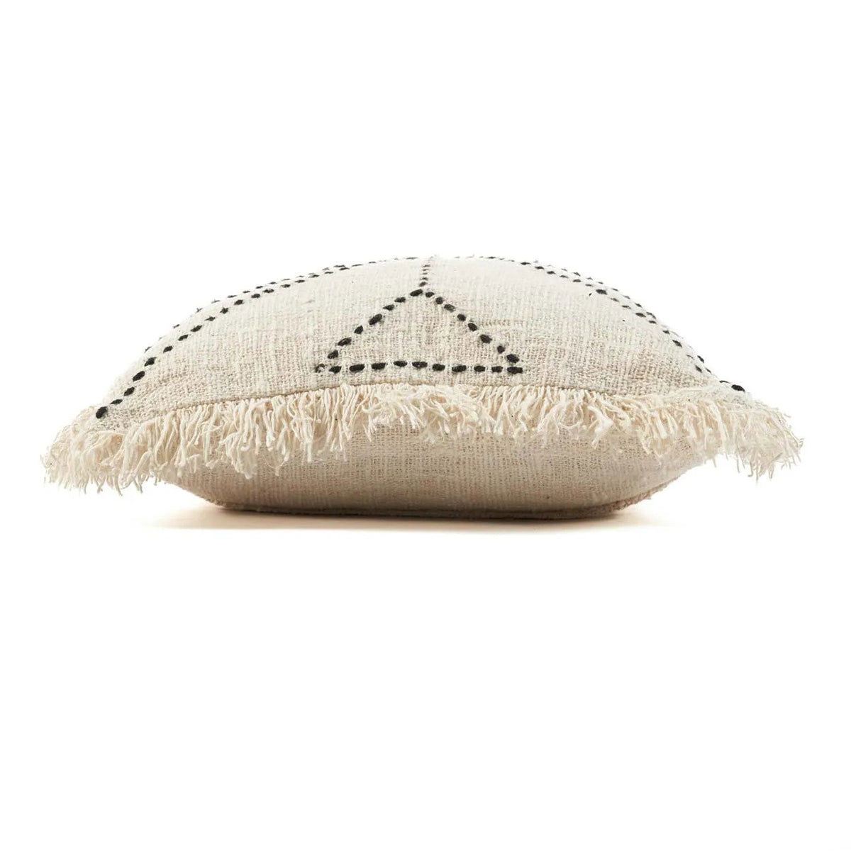 Decorative pillow with geometric pattern and fringes on a white background