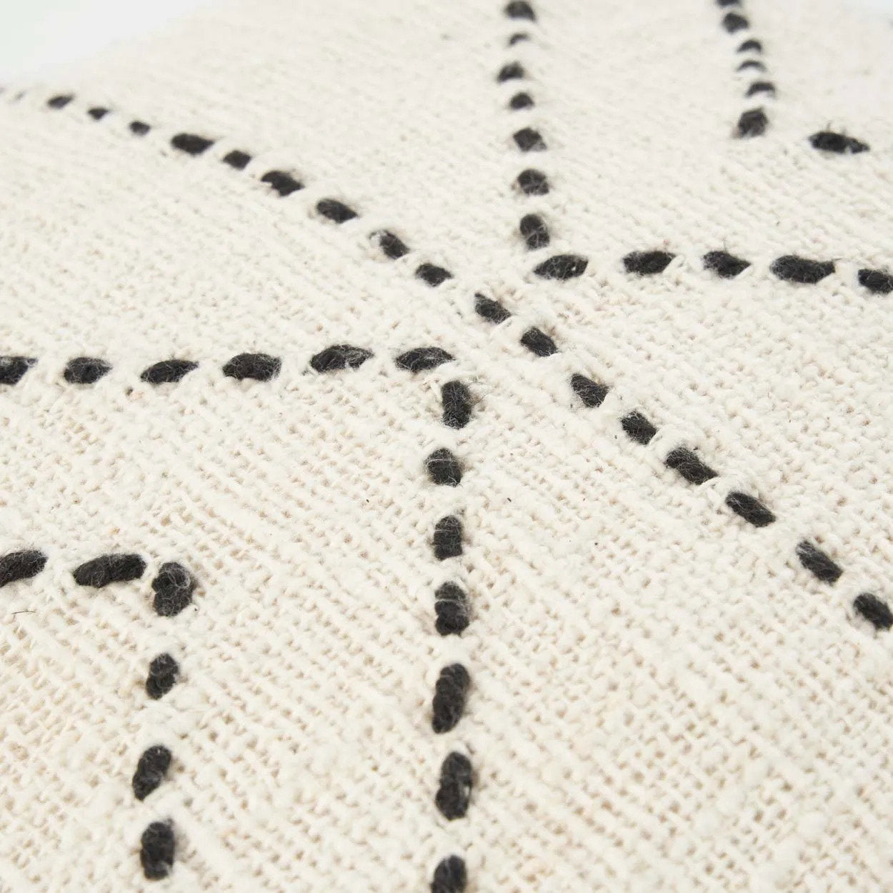 Close-up of a textured fabric with black pattern on a white background