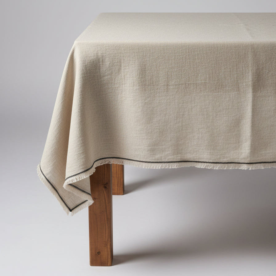 Beige tablecloth on a wooden table