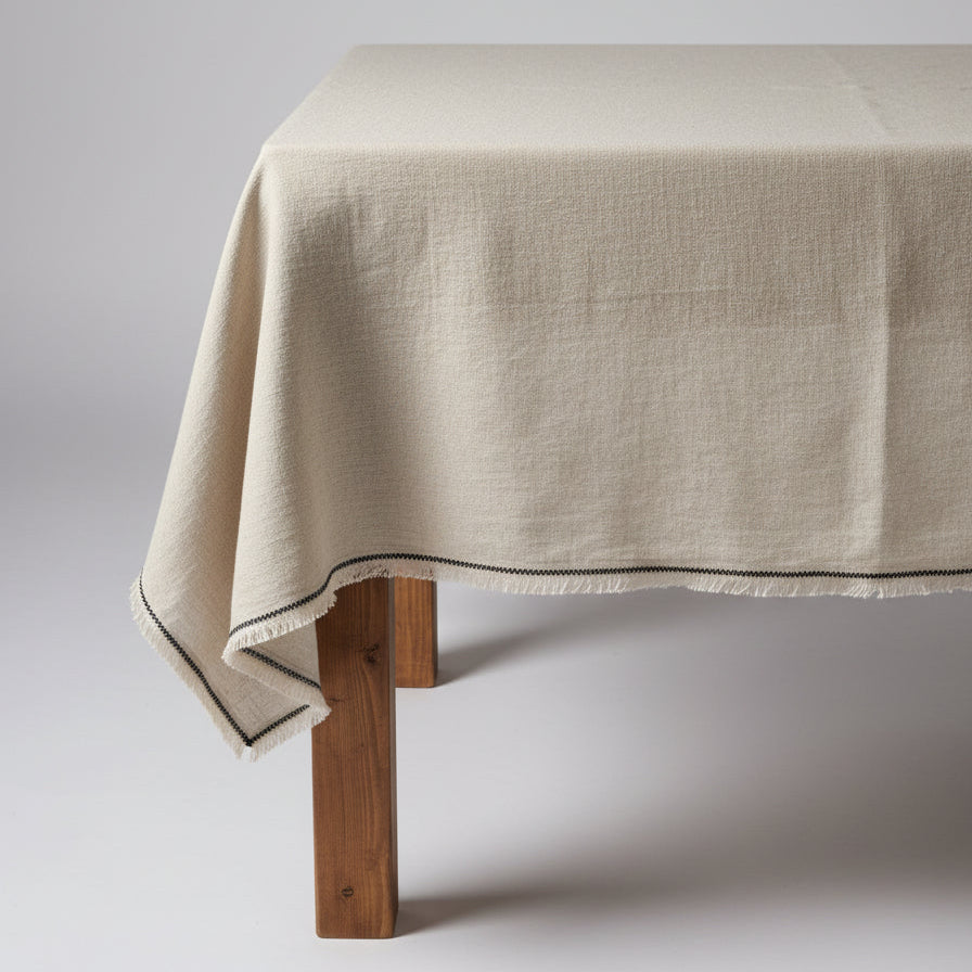 Beige tablecloth on a wooden table