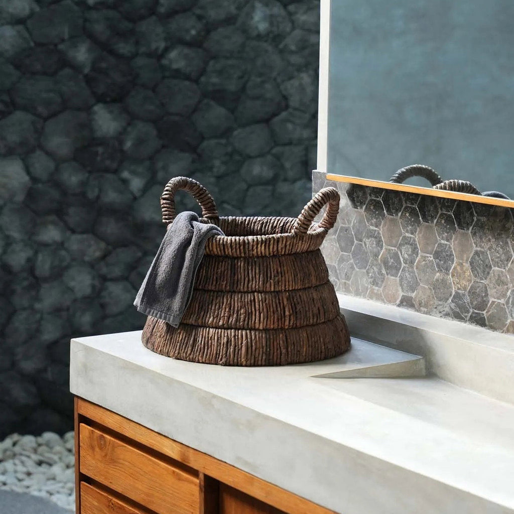 Banana leaf basket with towel bathroom styling
