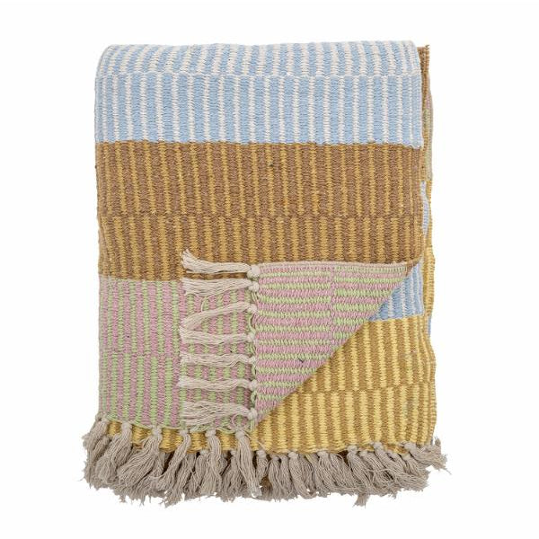 Woven blanket with multicolored stripes and fringes 