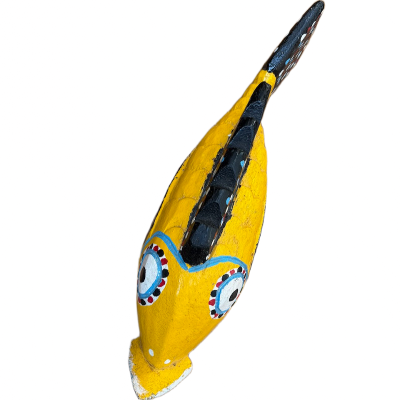 Poisson en bois jaune Bozo fait main au Mali commerce équitable