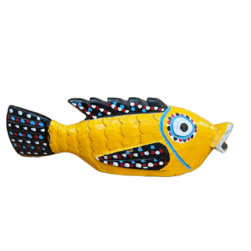 Poisson en bois Bozo fait main au Mali commerce équitable jaune