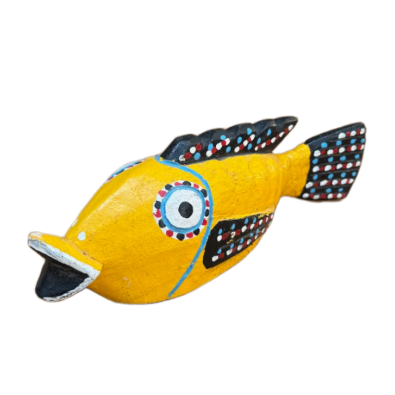 Poisson en bois Bozo Mali fait main commerce équitable jaune noir