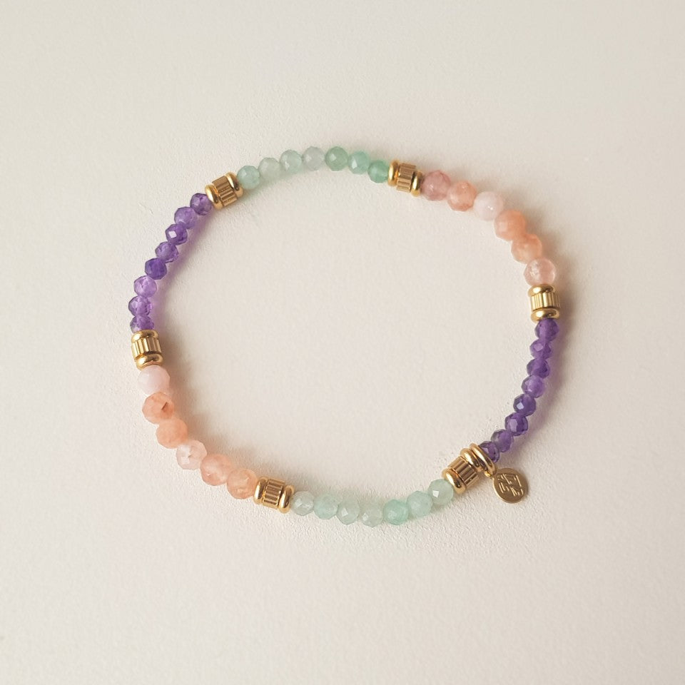 Armband Aquamarin, Pfirsich-Mondstein, Amazonit, Amethyst, Erdbeerquarz, Perlmutt