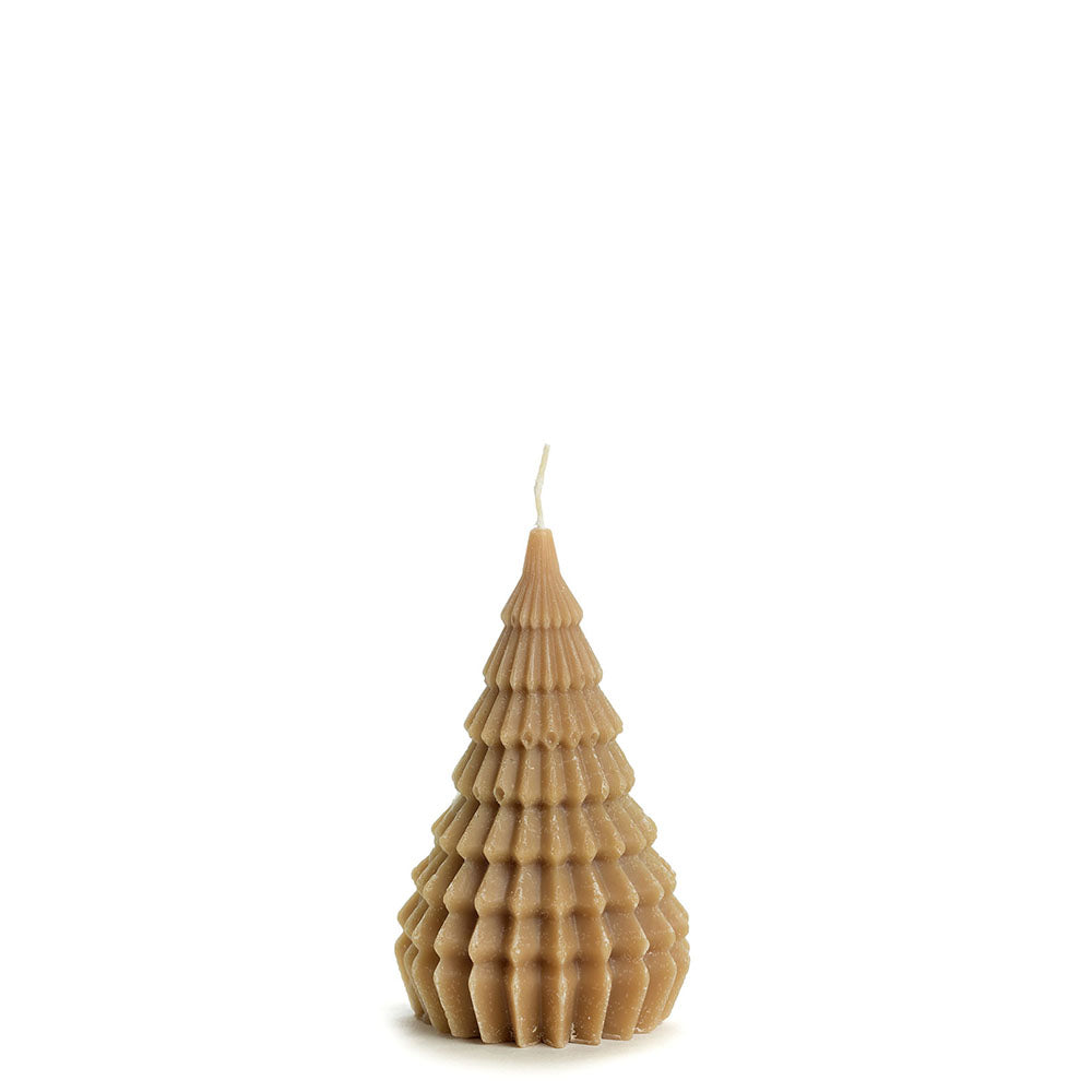 A textured, Christmas tree-shaped candle made of layered, ribbed wax in a warm tan or light brown colour