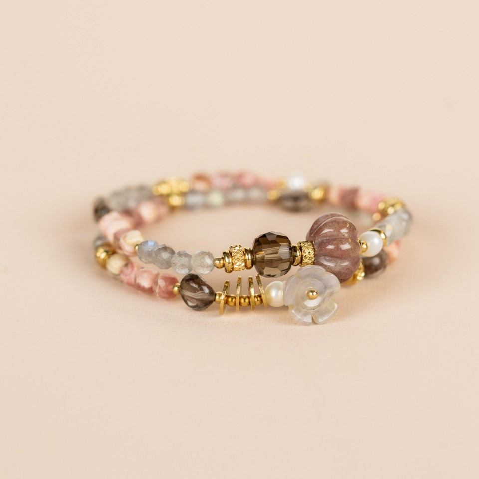 Elastic Wrap Bracelet Labradorite, Sunstone, Obsidian, Rhodonite, Smokey Quartz, and Pearl