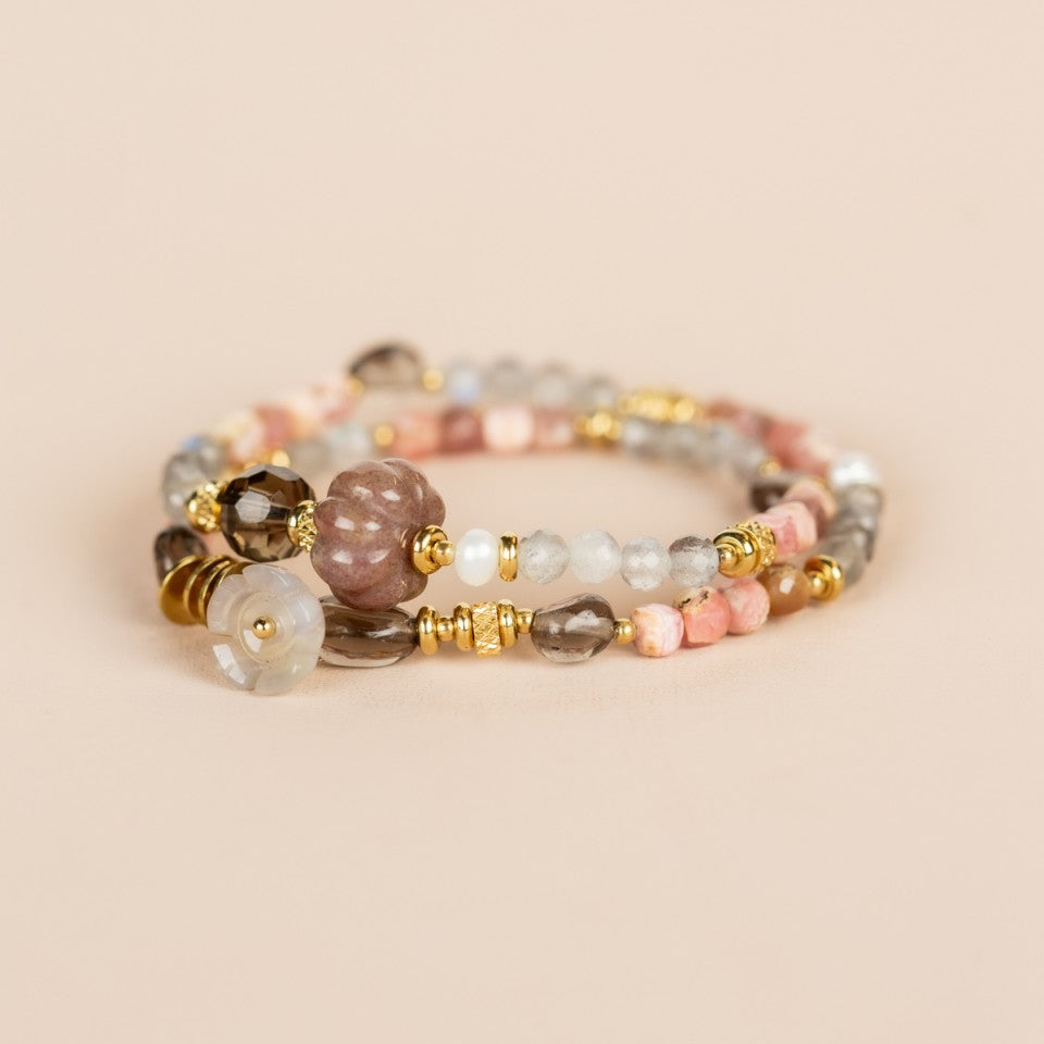 Elastic Wrap Bracelet Labradorite, Sunstone, Obsidian, Rhodonite, Smokey Quartz, and Pearl