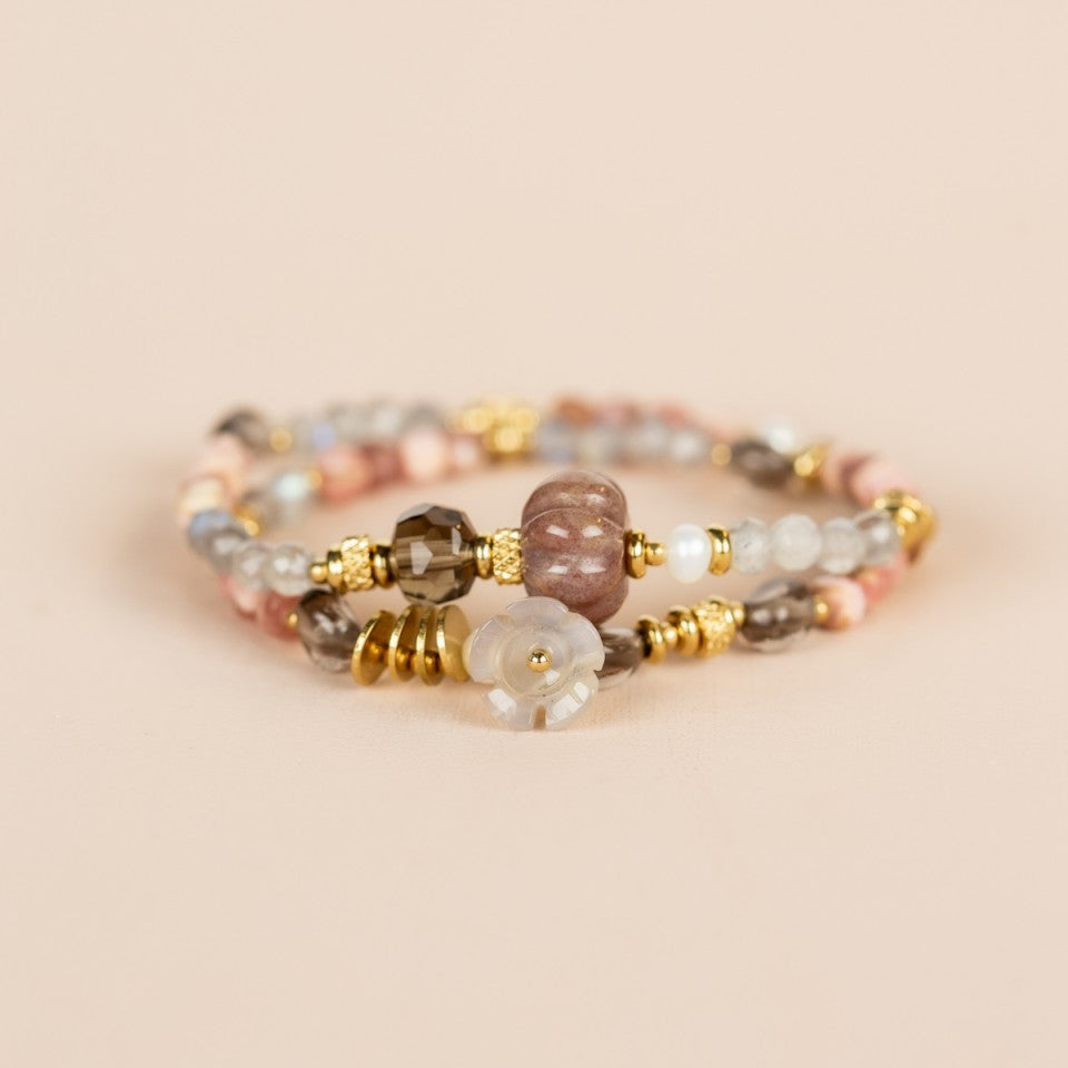 Elastic Wrap Bracelet Labradorite, Sunstone, Obsidian, Rhodonite, Smokey Quartz, and Pearl