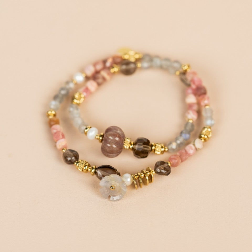 Elastic Wrap Bracelet Labradorite, Sunstone, Obsidian, Rhodonite, Smokey Quartz, and Pearl