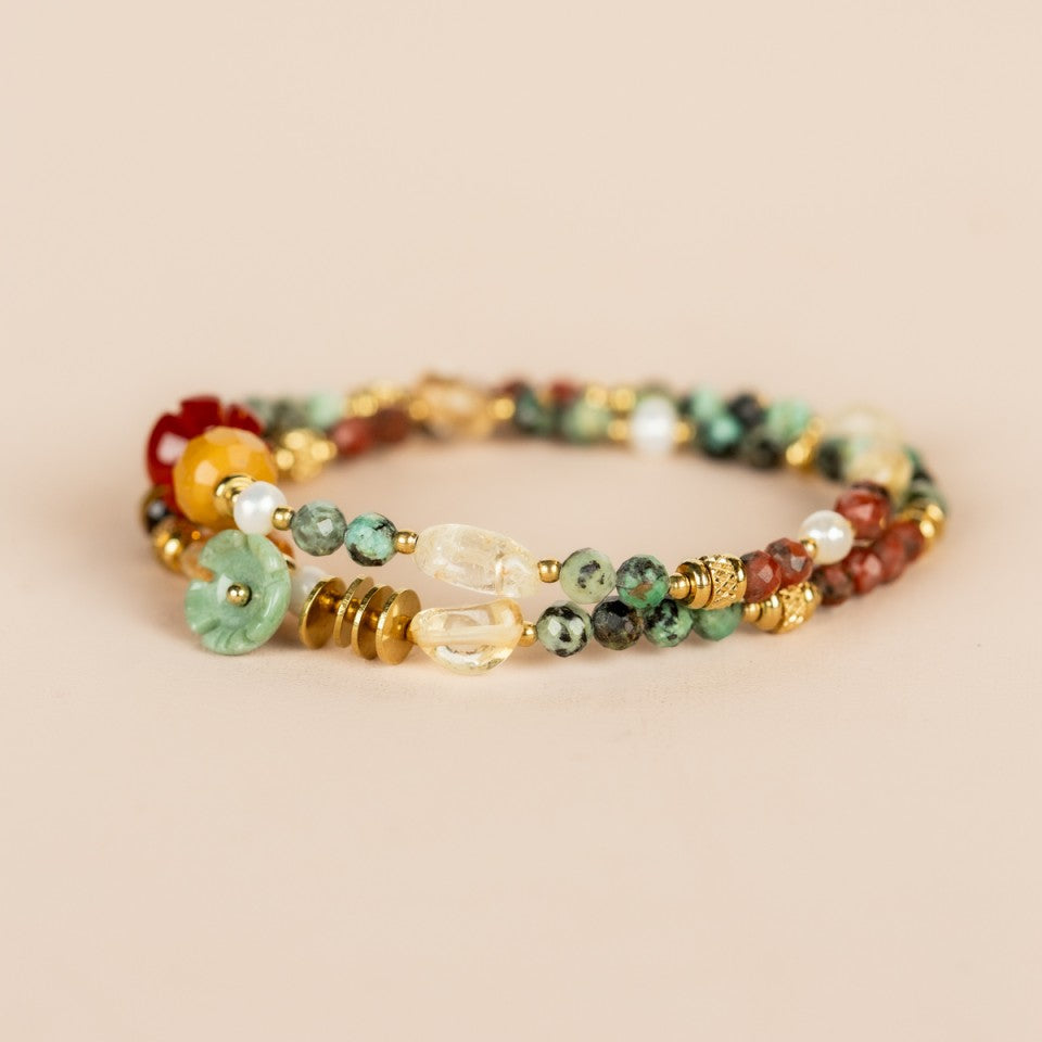 Elastic Wrap Bracelet Mookaite, Turquoise, Red Jasper, Ruby Zoisite and Citrine