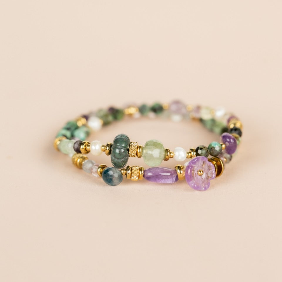 Elastic Wrap Bracelet Prenite, Emerald, Amethyst, Fluorite, Ruby Zoiste, Turquoise