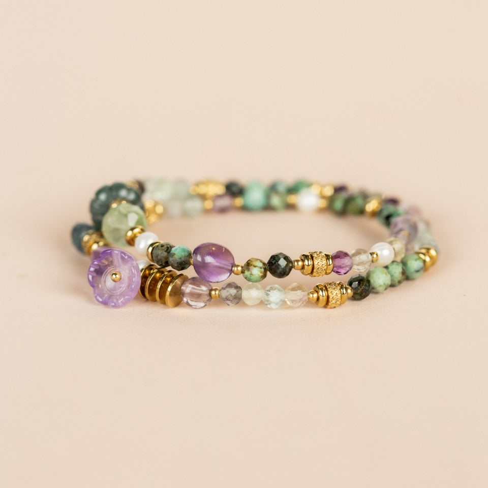 Elastic Wrap Bracelet Prenite, Emerald, Amethyst, Fluorite, Ruby Zoiste, Turquoise